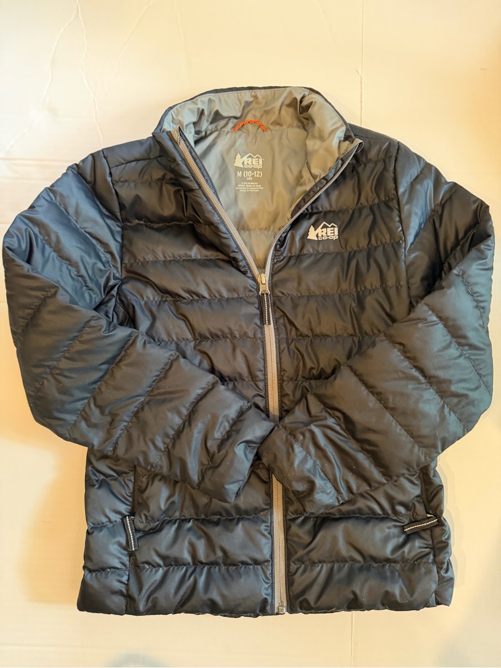 REI Kids Black Packable Puffer Jacket with Gray Trim